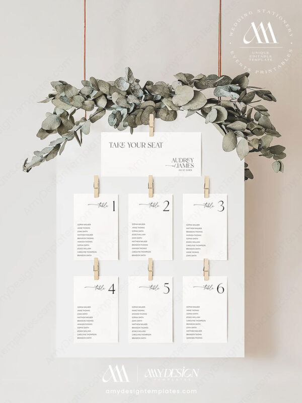 Wedding Seating Cards Minimal Template | Modern Wedding Table Seating Chart Template