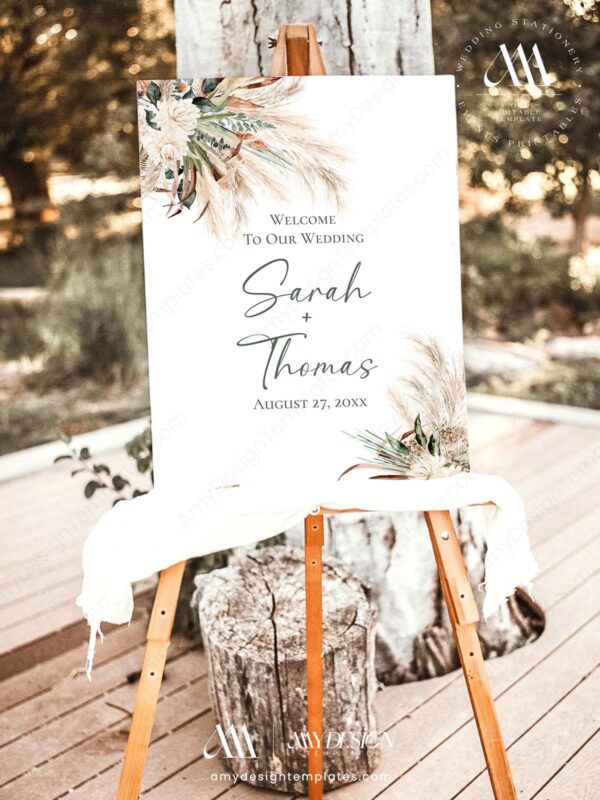 Greenery Pampas Wedding Welcome Sign | Boho Wedding DIY Printable Template