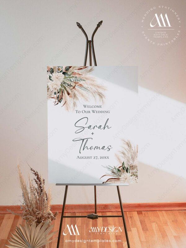 Alternative view of Greenery Pampas Wedding Welcome Sign | Boho Wedding DIY Printable Template