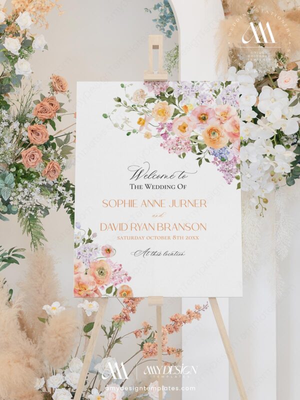Spring Floral Wedding Welcome Sign Template | Peach Purple Wedding Signage DIY