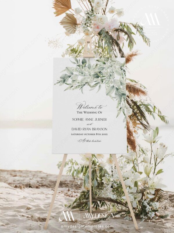 Alternative view of Greenery Wedding Signage Template | Green Rustic Wedding Welcome Sign Template