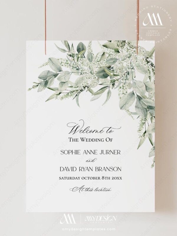 Greenery Wedding Signage Template | Green Rustic Wedding Welcome Sign Template