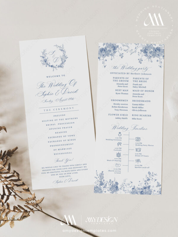 Blue French Floral Wedding Program Template | Wedding Day Timeline | Catholic Church Ceremony Template