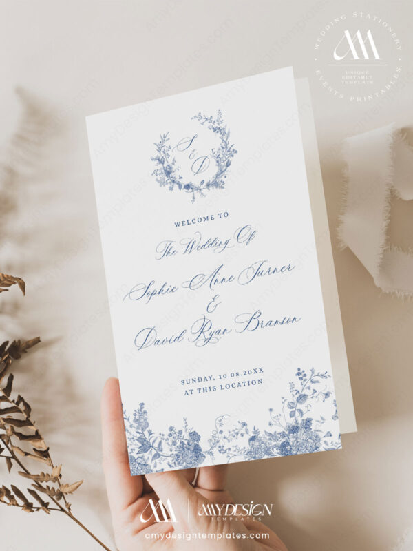 Blue French Floral Wedding Program Template | Wedding Day Timeline | Catholic Church Ceremony Template