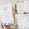 Blue French Floral Wedding Program Template | Wedding Day Timeline | Catholic Church Ceremony Template