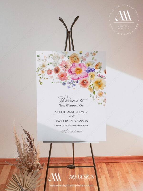 Colorful Flowers Wedding Welcome Sign Template | Bright Floral Wedding Signage