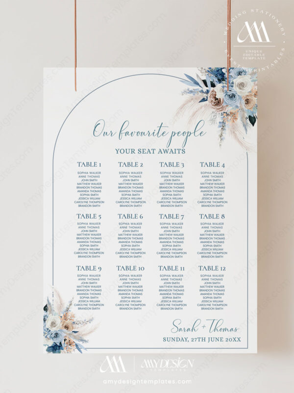 Boho Pampas Grass Bridal Shower Invitation Template Editable | Dusty Blue Bohemian Invite Printable Dusty Blue Seating Chart Sign Template | Boho Wedding Printable