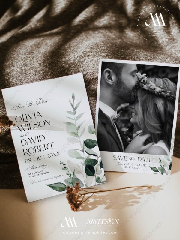 Modern Minimalist Save The Date Template | Eucalyptus Minimal Save the Date Card Printable