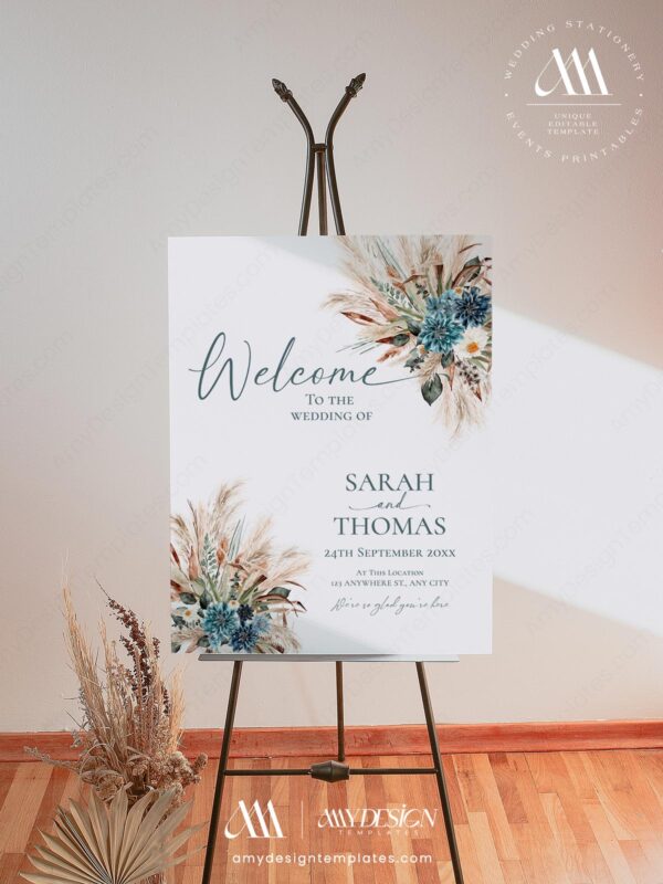 Boho Teal Wedding Welcome Sign Template | Turquoise Wedding Signage Printable