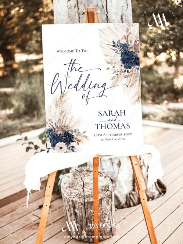 Navy Blue Wedding Welcome Sign Template | Boho Wedding Signage Printable