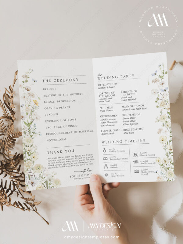 Cream Boho Wedding Invitation Templates | Floral Wedding Set Editable Floral Wedding Programs Template Editable | Wedding Program Booklet Template | Wedding Ceremony Timeline