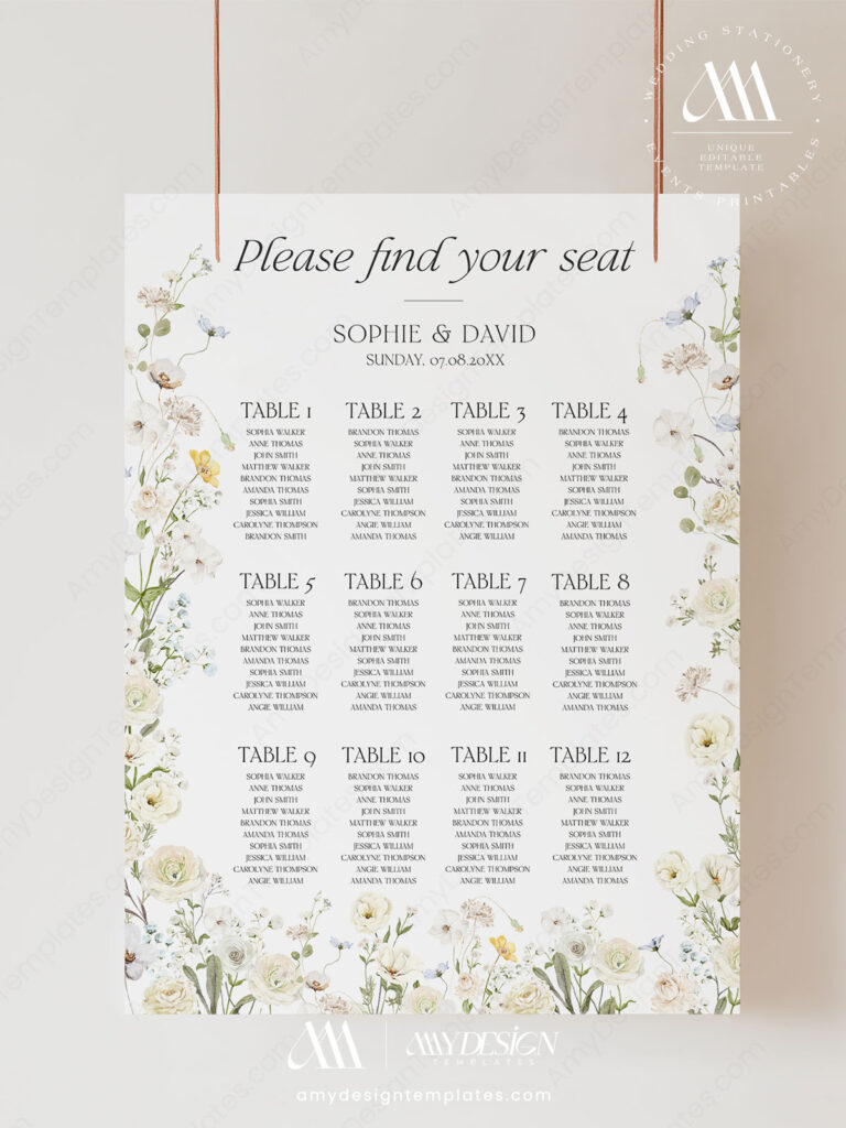 Seating Charts For Wedding Reception Template | Boho Cream Floral