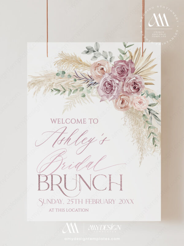 Mauve Blush Pink Floral Bridal Shower Signage Template | Boho Welcome Sign Printable Large Sign