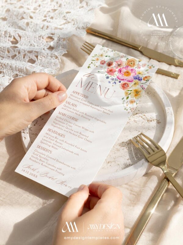 Alternative view of Bright Floral Menu Template | Printable Menu | Colorful Flowers Wedding Menu Template | Brunch Menu