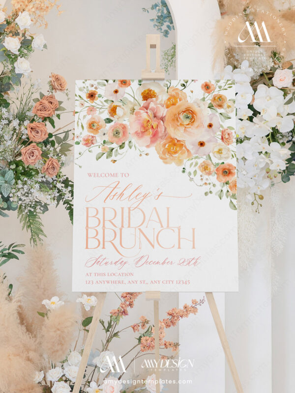 Peachy Bridal Shower Brunch Welcome Sign Template | Orange Citrus Garden Bridal Shower Signage