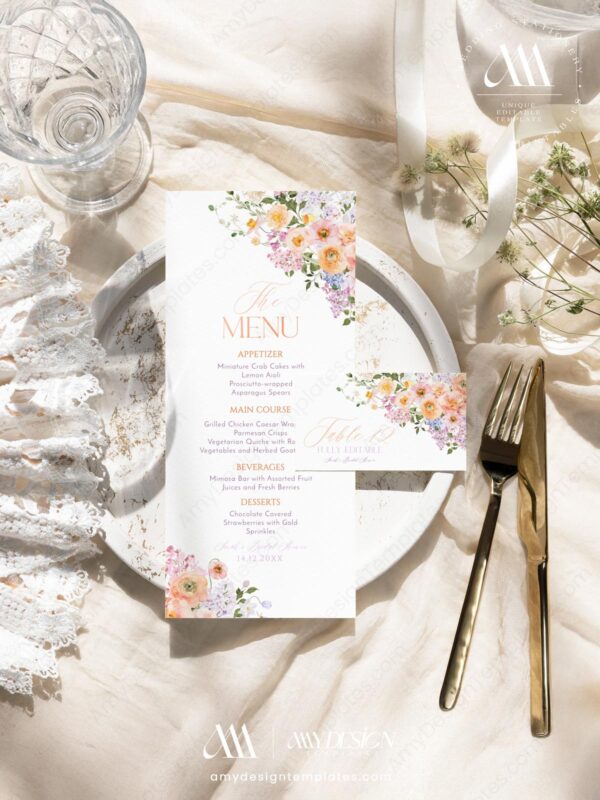 Bright Menu Template | Floral Menu Card Printable | Peach Purple Wedding Shower Menu Template