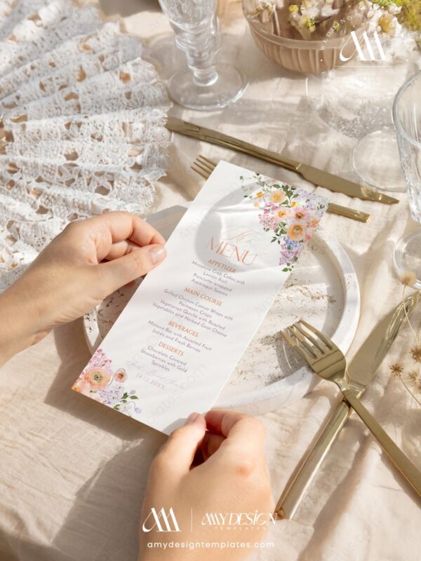 Alternative view of Bright Menu Template | Floral Menu Card Printable | Peach Purple Wedding Shower Menu Template