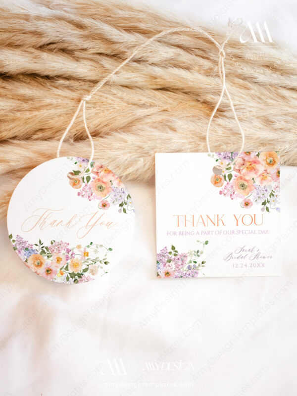 Peach Purple Favor Tags Template Printable | Floral Garden Wedding Bridal Shower Thank You Tags