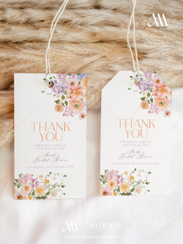 Peach Purple Favor Tags Template Printable | Floral Garden Wedding Bridal Shower Thank You Tags
