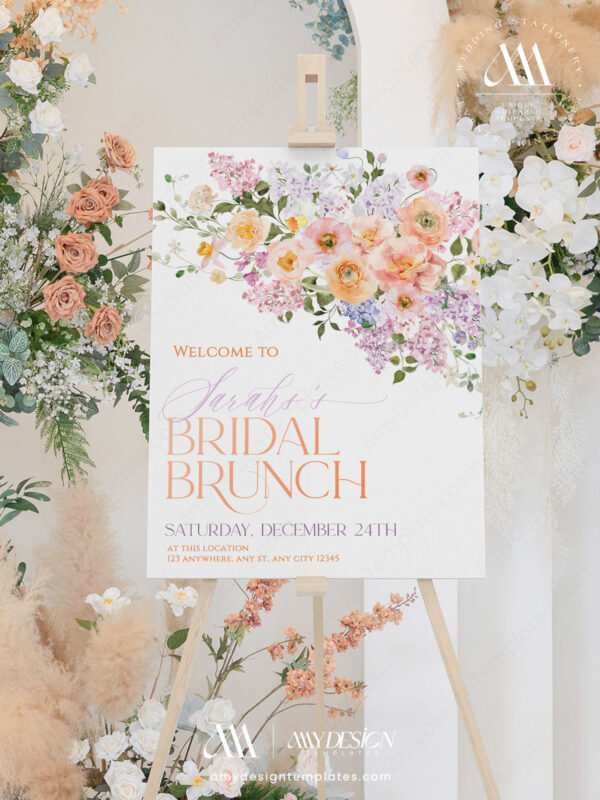 Spring Floral Bridal Shower Brunch Welcome Sign Template | Peach Purple Welcome Poster Printable