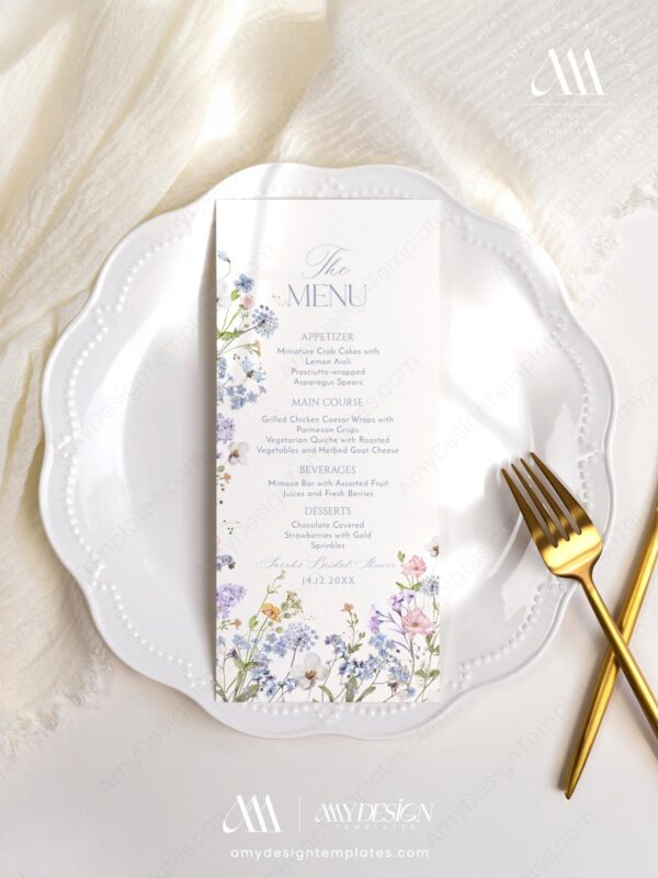 Pastel Floral Menu Template | Personalized Wedding Menu Template | Wildflower Shower Brunch Menu A045 Pastel Floral Menu Template Amy Design 2