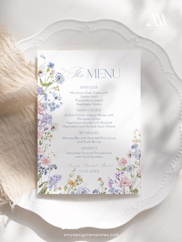 Pastel Floral Menu Template | Personalized Wedding Menu Template | Wildflower Shower Brunch Menu