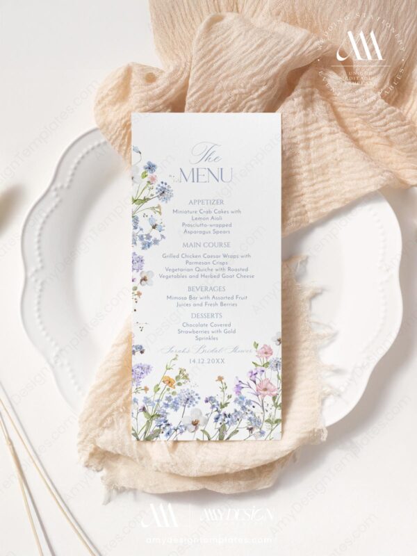 Pastel Floral Menu Template | Personalized Wedding Menu Template | Wildflower Shower Brunch Menu