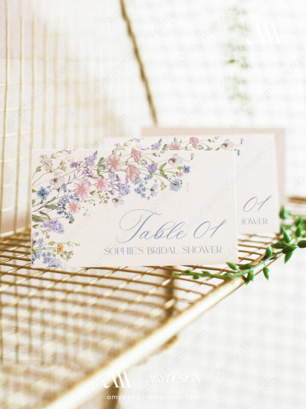 Pastel Wildflower Wedding Escort Card Template | Baby Pink Baby Blue Place Card