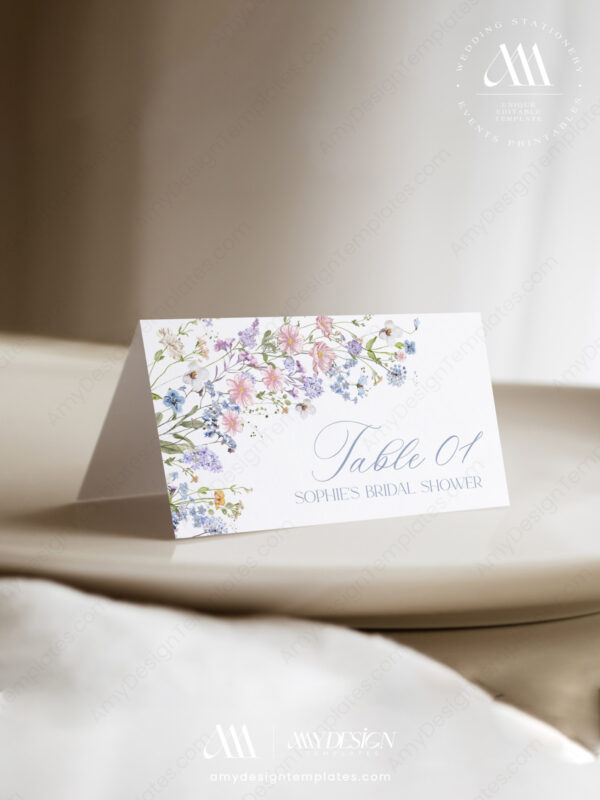 Pastel Wildflower Wedding Escort Card Template | Baby Pink Baby Blue Place Card