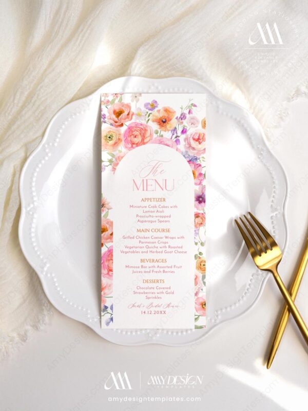 Colorful Menu Template | Vivid Floral Wedding Dessert Menu | Shower Brunch Menu Card Printable | DIY Wedding Menu