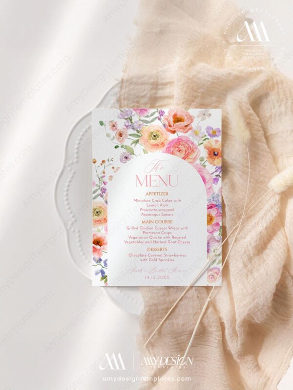 Colorful Menu Template | Vivid Floral Wedding Dessert Menu | Shower Brunch Menu Card Printable | DIY Wedding Menu