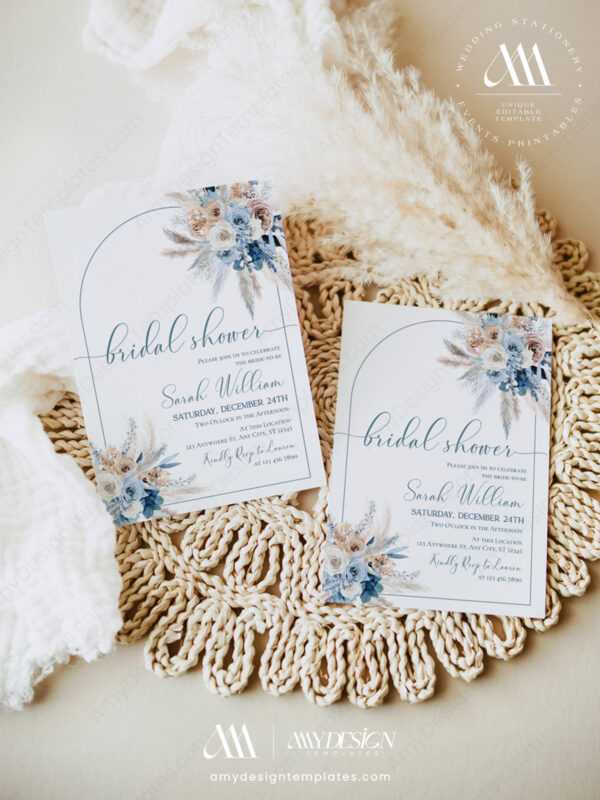 Boho Pampas Grass Bridal Shower Invitation Template Editable