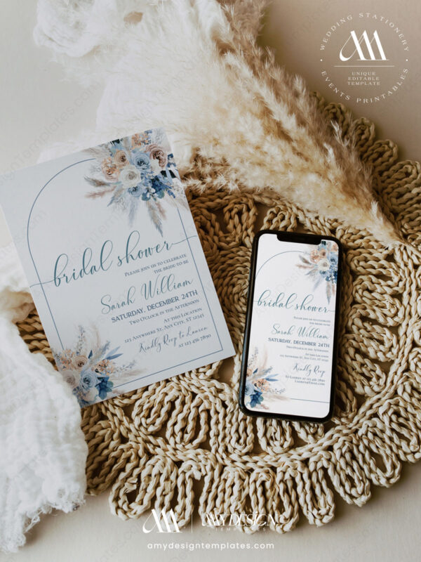 Alternative view of Boho Pampas Grass Bridal Shower Invitation Template Editable | Dusty Blue Bohemian Invite Printable