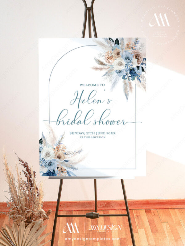 Dusty Blue Boho Bridal Shower Welcome Sign Printable | Bohemian Shower Signage Editable