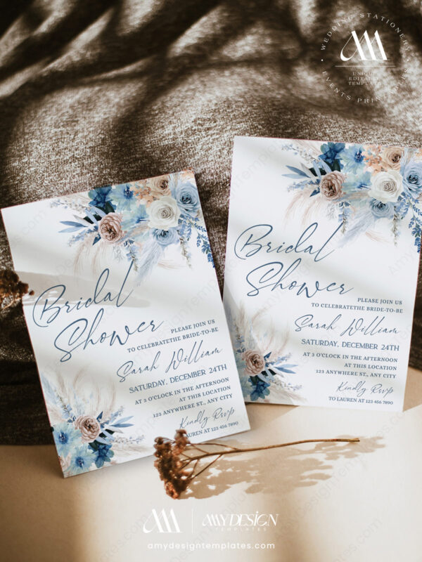 Blue Boho Bridal Shower Invite Card Editable