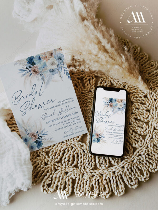 Blue Boho Bridal Shower Invite Card Editable