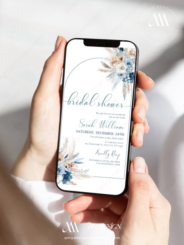 Dusty Blue Boho Bridal Shower E-vite Template Editable