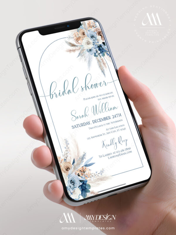 Dusty Blue Boho Bridal Shower E-vite Template Editable