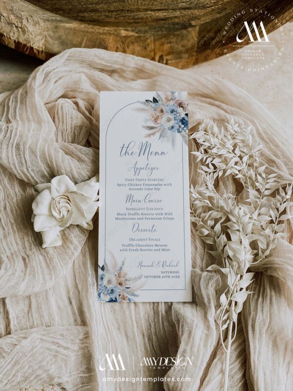 Boho Wedding Menu Template | Blue Boho Floral Wedding Menu Printable | Dessert Menu Editable