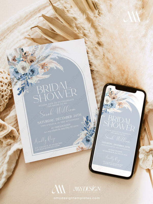 Blue Boho Digital Bridal Shower Invitation Editable