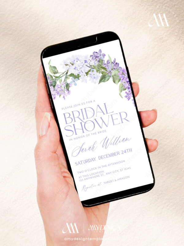 Alternative view of Digital Bridal Shower Evite Template Editable | Lilac Purple Floral Invitation Instant Download