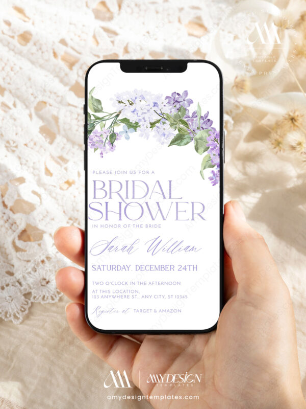 Digital Bridal Shower Evite Template Editable | Lilac Purple Floral Invitation Instant Download