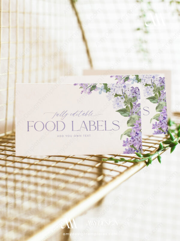 Lilac Food Labels Template | Elegant Purple Floral Place Cards Printable