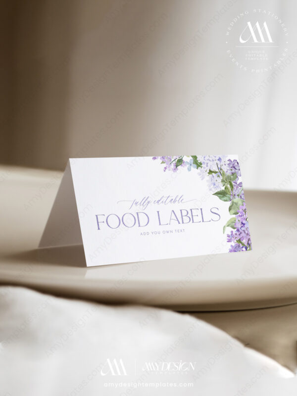 Lilac Food Labels Template | Elegant Purple Floral Place Cards Printable