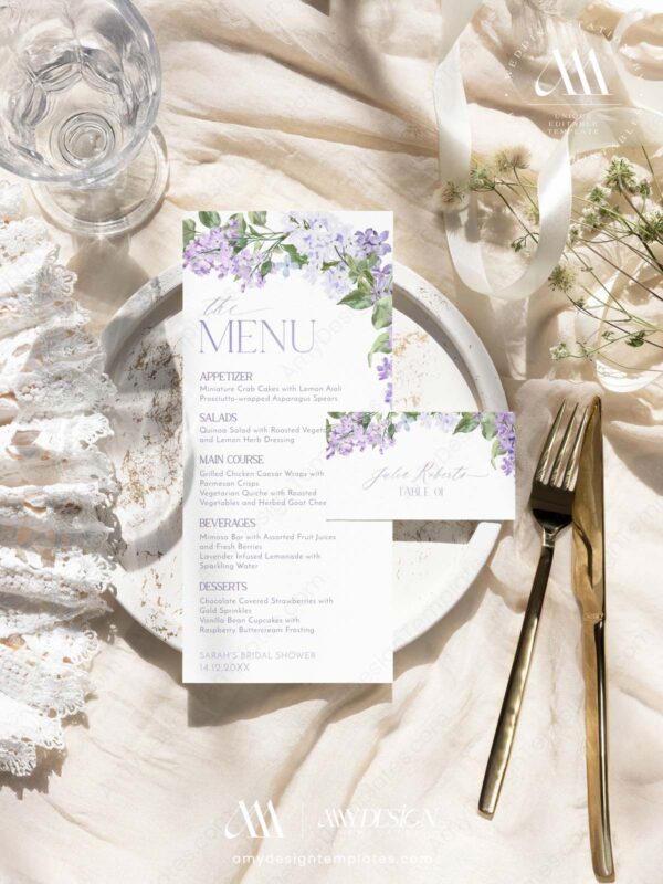 Lilac Menu Template | Purple Wedding Shower Menu Card | Dessert Menu Card | Custom Menu Printable