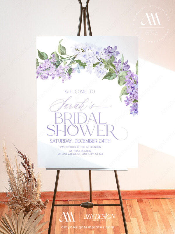 Alternative view of Lilac Wedding Welcome Sign Printable | Purple Floral Welcome Sign Editable