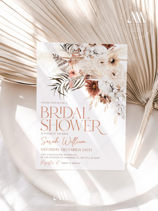 Terracotta Boho Pampas Grass Invitation Template Editable