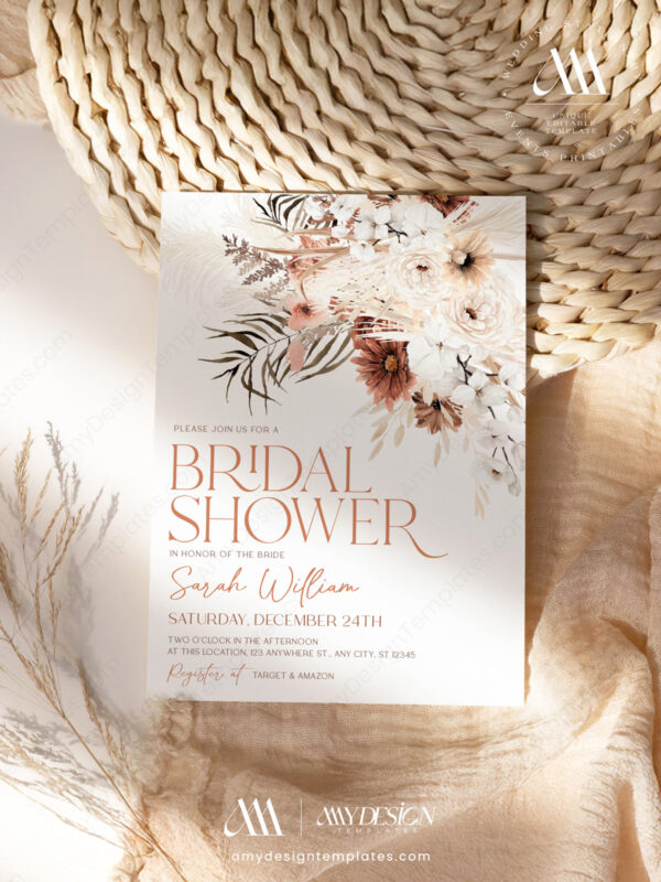 Terracotta Boho Pampas Grass Invitation Template Editable