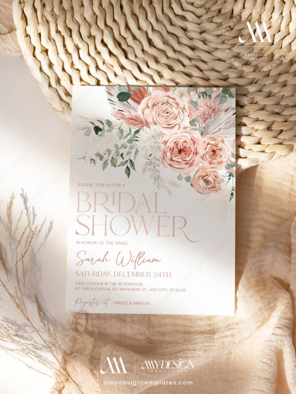 Dusty Roses Floral Bridal Shower Invitation Template Editable