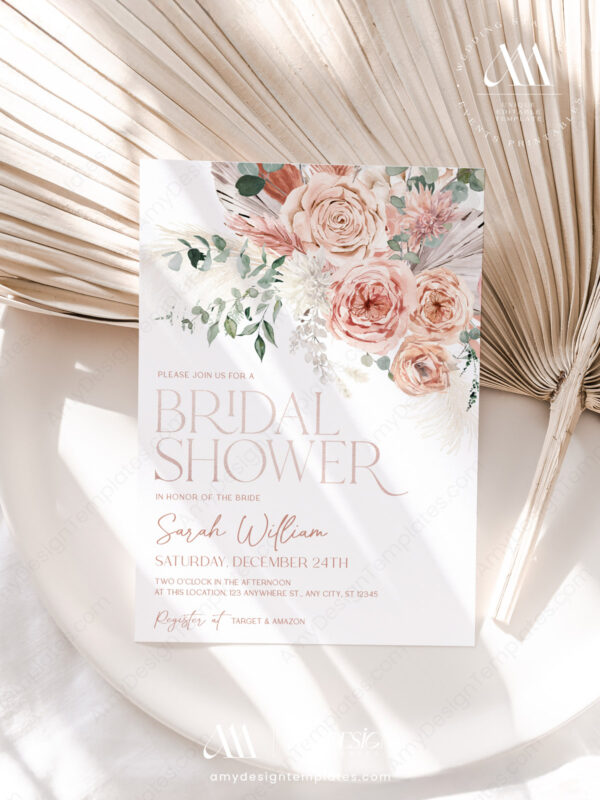 Dusty Roses Floral Bridal Shower Invitation Template Editable